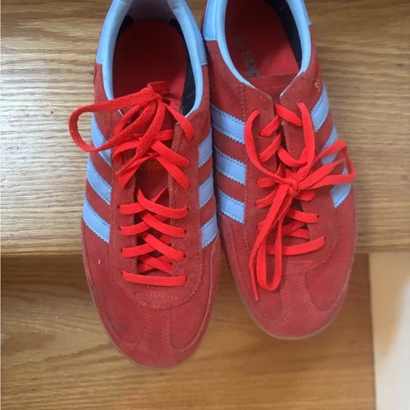 adidas Red Suede Sneakers with Light Blue Stripes-Samba - Picture 1 of 4